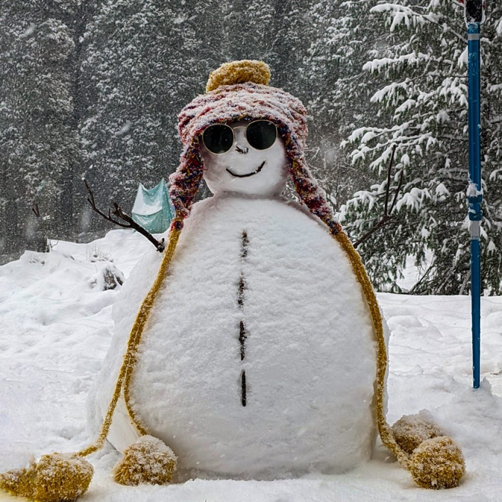 Snowman-like figure made of snow with a colorful scarf and yellow hat, surrounded by snow-covered trees and a trekking pole.